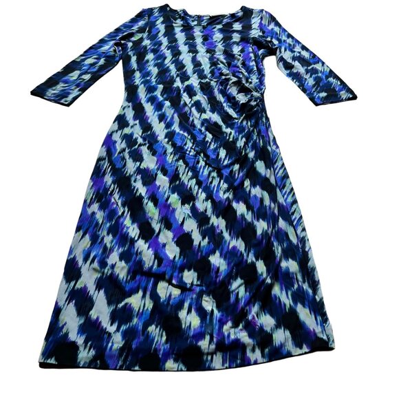 Boss Hugo Boss Size L Blue Black Abstract Print 3/4 Sleeve Ruched Sheath Dress - Picture 2 of 15